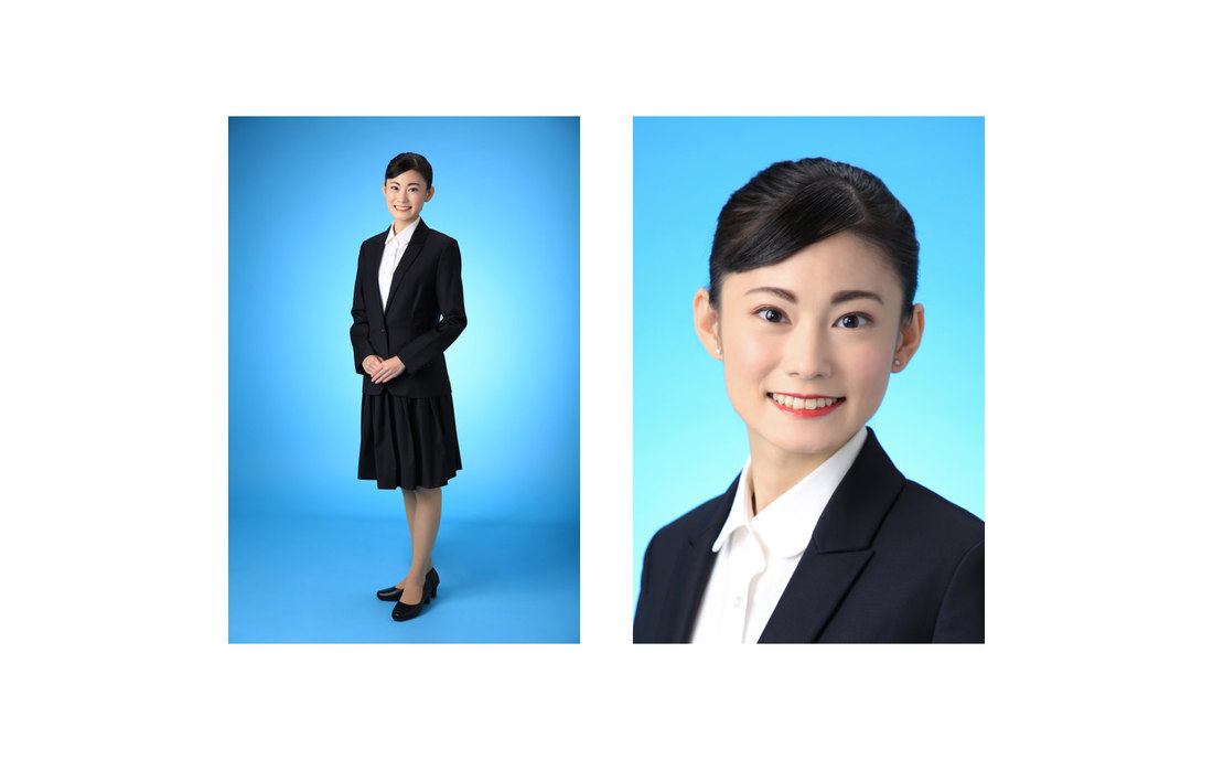 エアライン・アナウンサー系のプロフィール写真の作例。全身とバストアップ